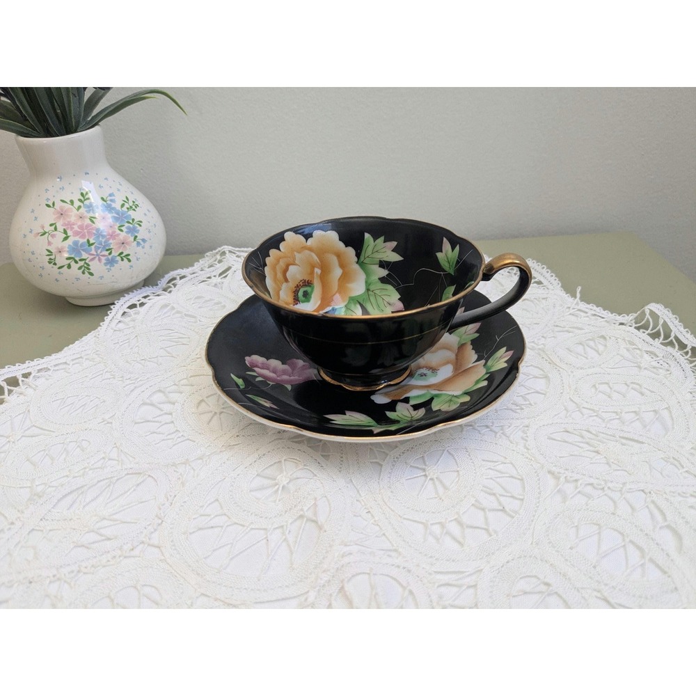 Vintage Black Floral Teacup and Saucer, Occupied Japan Chugai China, Hand Paint